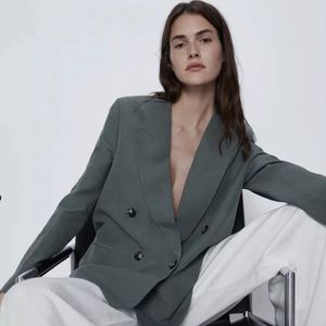 ZARA DOUBLE-BREASTED BUTTONED BLAZER GREEN